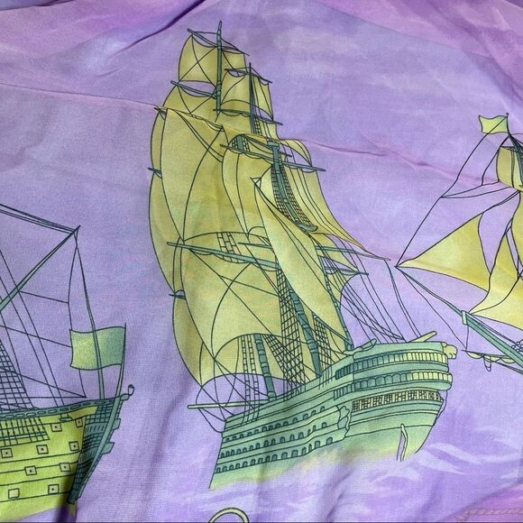 Fantastic Vintage Tall Ships scarf with ropes nets and clouds lavender and gold - Picture 5 of 8